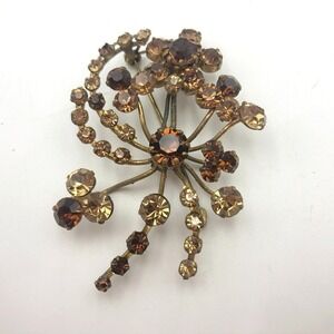 Vintage Atomic Sputnik Starburst Crystal Brooch Brown Yellow Gold Pin Austria
